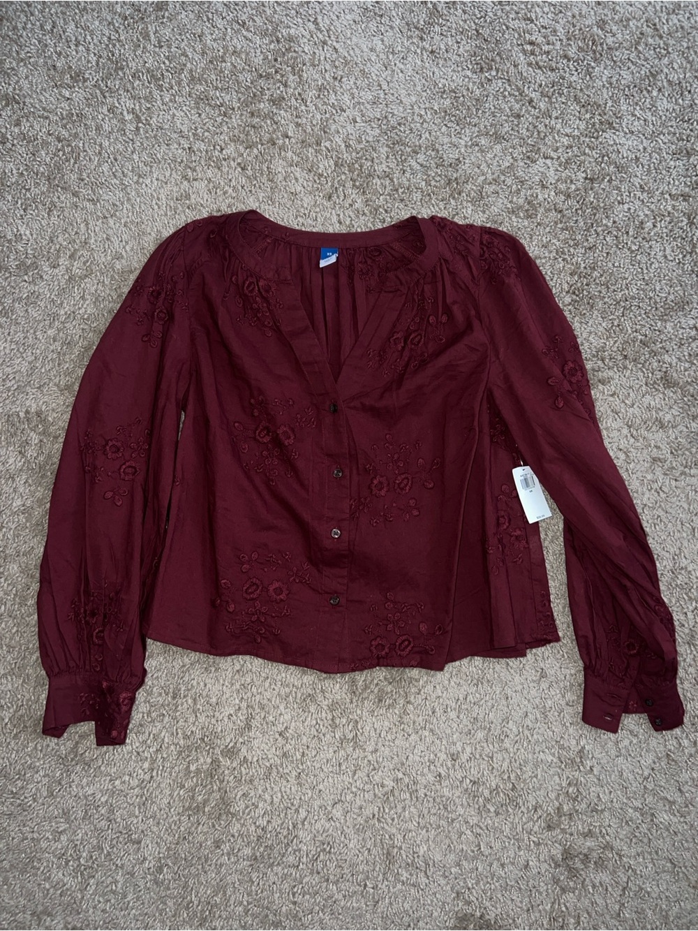 Old Navy Burgundy Embroidered Button-Front Blouse